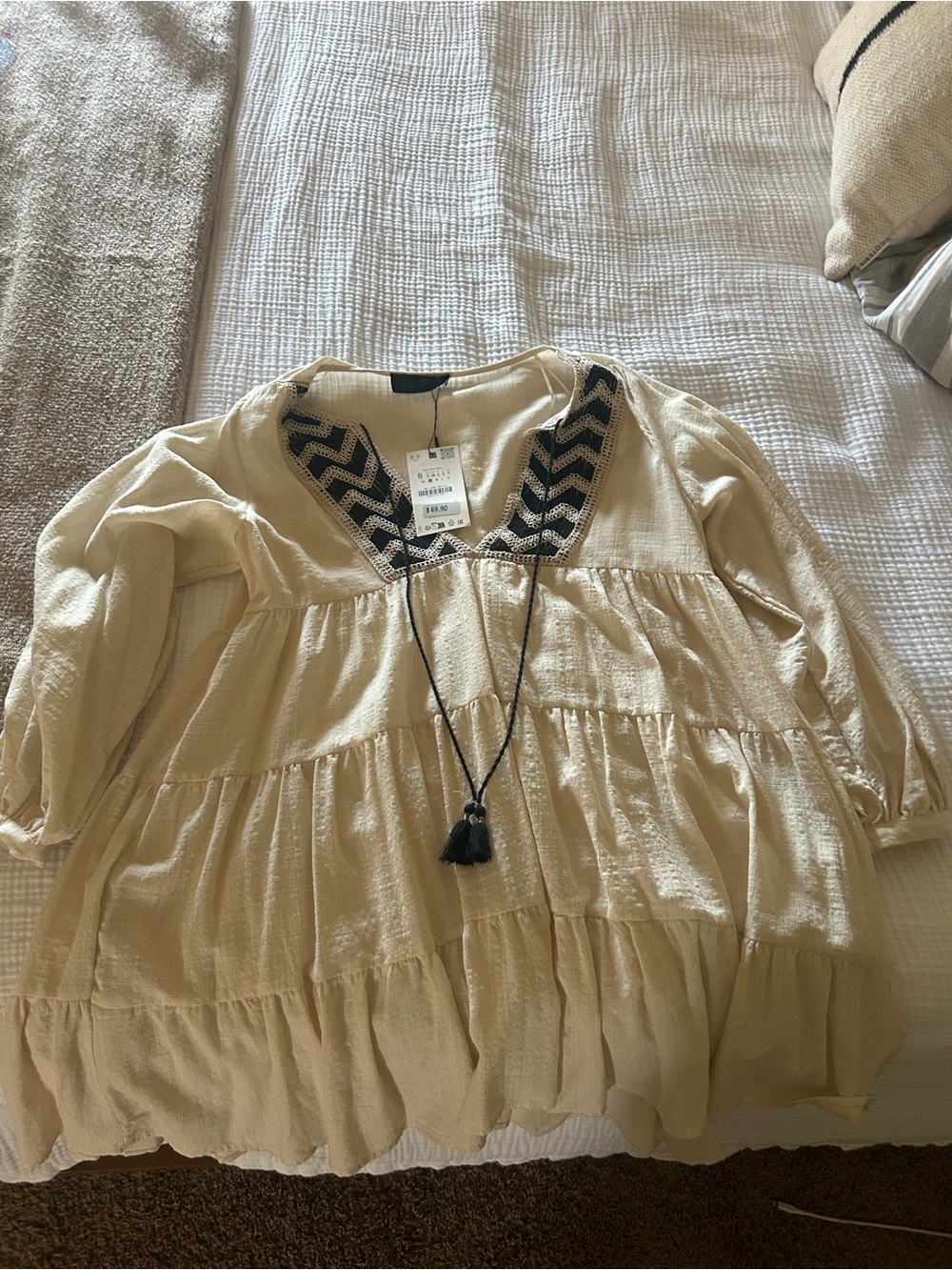 Boho Cream Tiered Peasant Blouse with Embroidered V-Neck